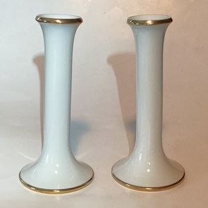 Dansk International white porcelain candlesticks w/gold trimWedding Band pattern